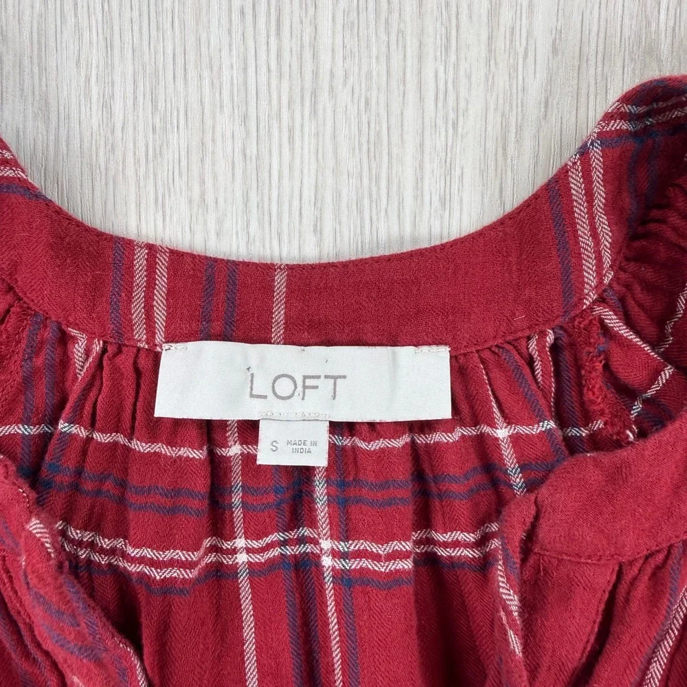 Blouse LOFT Women Small Red Plaid Short Puff Sleeve Preppy Fall Casual